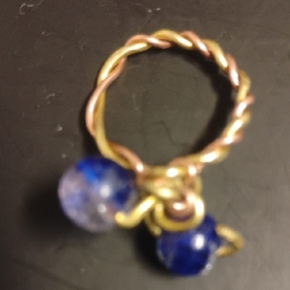 Handmade Brass and Copper Blue Beaded Women's Ring